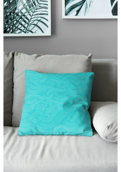 Çift Tarafı Baskılı Turkuaz Free Line Desenli Süet Kırlent Kılıfı modelleri