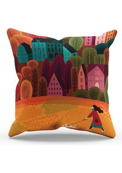 Çift Tarafı Baskılı Fall - 1 Desenli Süet Kırlent Kılıfı