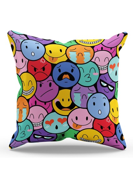 Çift Tarafı Baskılı Emoji Desenli Süet Kırlent Kılıfı