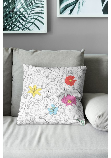 Çift Tarafı Baskılı Flower Line-2 Desenli Süet Kırlent Kılıfı