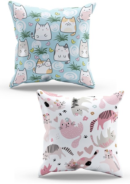 Çift Tarafı Baskılı Kediler Desenli 2'li Kombin Süet Kırlent Kılıfı