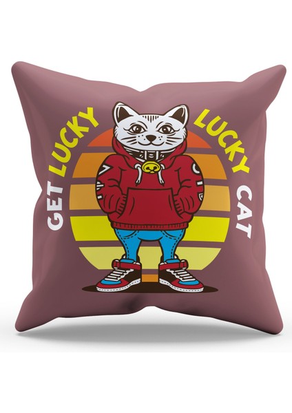 Çift Tarafı Baskılı Kapüşonlu Beyaz Kedi Desenli Süet Kırlent Kılıfı - PL798