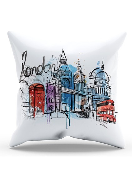 Çift Tarafı Baskılı Londra Desenli Süet Kırlent Kılıfı