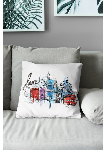 Çift Tarafı Baskılı Londra Desenli Süet Kırlent Kılıfı modelleri