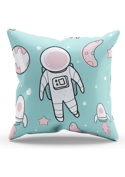 Çift Tarafı Baskılı Astronot Kedi - 1 Desenli Süet Kırlent Kılıfı