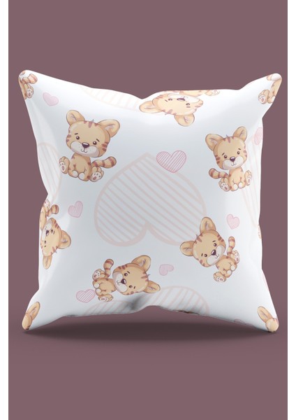 Çift Tarafı Baskılı Sevimli Kaplancık Desenli Süet Kırlent Kılıfı - PL1003