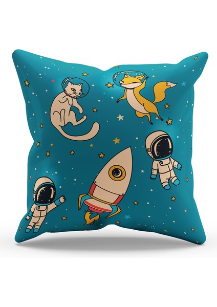 Çift Tarafı Baskılı Astronot Kedi ve Tilki Desenli Süet Kırlent Kılıfı