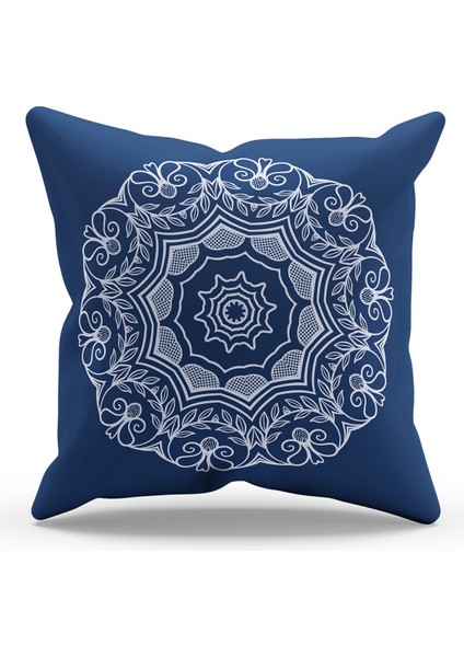 Çift Tarafı Baskılı Lacivert Mandala Line Desenli Süet Kırlent Kılıfı