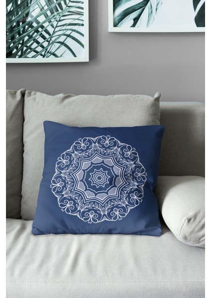 Çift Tarafı Baskılı Lacivert Mandala Line Desenli Süet Kırlent Kılıfı modelleri