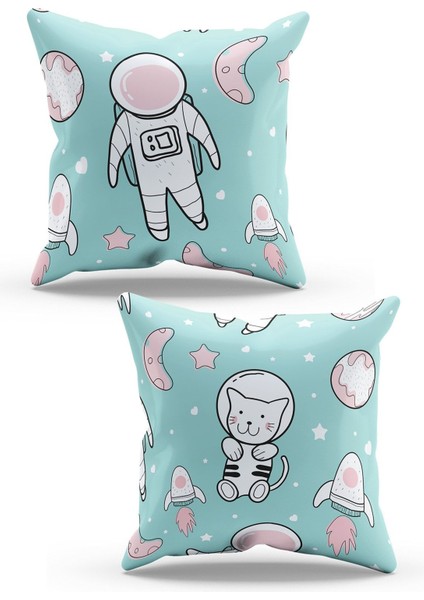 Çift Tarafı Baskılı Astronot Kedi Desenli 2'li Kombin Süet Kırlent Kılıfı