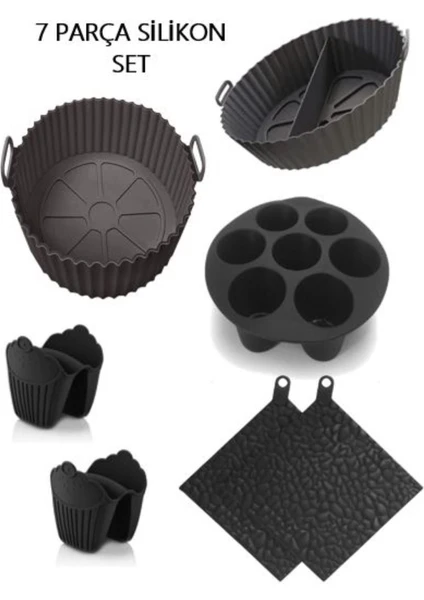 Holly Home 7 Parça Silikon Airfryer Pişirme Kalıbı; Yonca, Iki Bölmeli, Muffin, 2 Tutacak, 2 Nihale