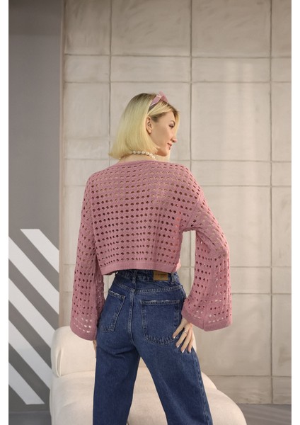 Pembe Ajurlu Triko Crop modelleri