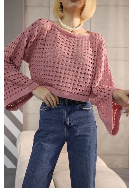 Pembe Ajurlu Triko Crop indirimleri