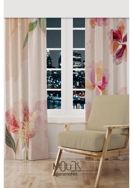 Flower Art Desenli Süet Oturma Odası Salon Fon Perde Baskılı Ekstrafor Büzgü 2 Kanat PRD-1030