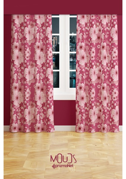 Pembe Çiçek 2 Desenli Süet Oturma Odası Salon Fon Perde Baskılı Ekstrafor Büzgü 2 Kanat PRD-1041