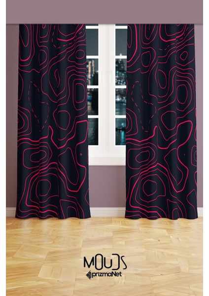 Wave Fuchsia Desenli Süet Oturma Odası Salon Fon Perde Ekstrafor Büzgü 2 Kanat PRD-1097