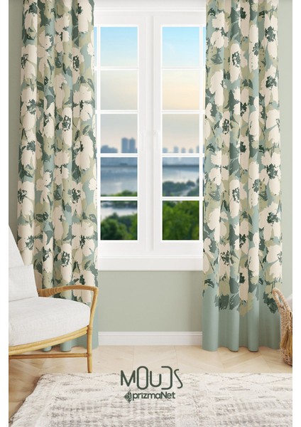 Green Flower 1 Desenli Süet Oturma Odası Salon Fon Perde Baskılı Ekstrafor Büzgü 2 Kanat PRD-1037