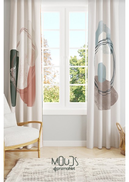 Soft Oval Desenli Süet Oturma Odası Salon Fon Perde Baskılı Ekstrafor Büzgü 2 Kanat PRD-1111