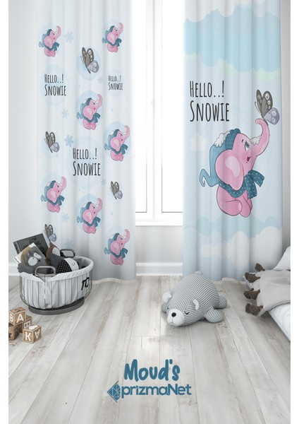 Pembe Fil Desenli Baskılı Çocuk ve Bebek Odası Fon Perdesi 2 Kanat - Prd-24