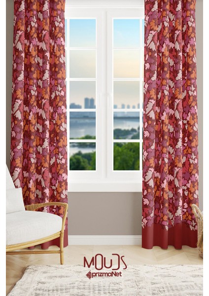 Burgundy 2 Desenli Süet Oturma Odası Salon Fon Perde Baskılı Ekstrafor Büzgü 2 Kanat PRD-1056