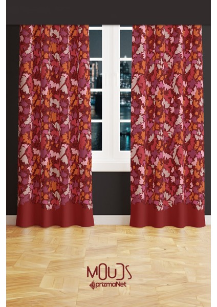Burgundy 2 Desenli Süet Oturma Odası Salon Fon Perde Baskılı Ekstrafor Büzgü 2 Kanat PRD-1056