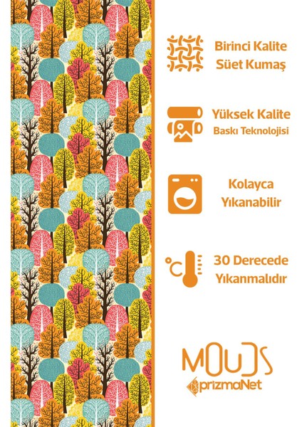 Renkli Ağaç Desenli Süet Oturma Odası Salon Fon Perde Baskılı Ekstrafor Büzgü 2 Kanat PRD-1090