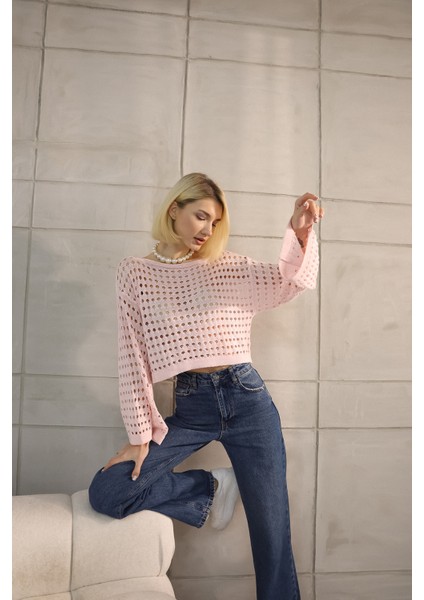Toz Pembe Ajurlu Triko Crop