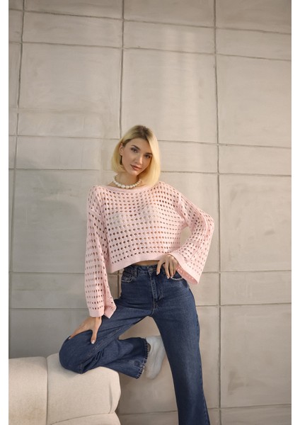 Toz Pembe Ajurlu Triko Crop fiyatları