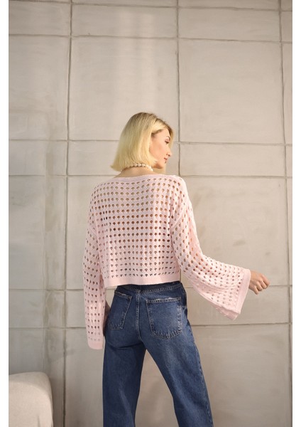 Toz Pembe Ajurlu Triko Crop modelleri