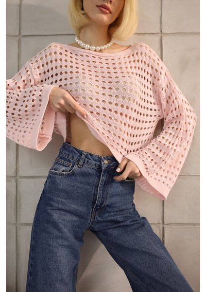 Toz Pembe Ajurlu Triko Crop fırsatları
