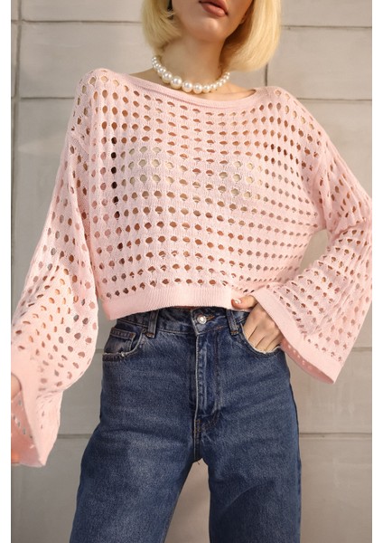 Toz Pembe Ajurlu Triko Crop indirimleri