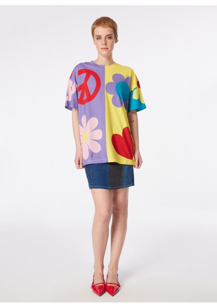 Yuvarlak Yaka Desenli Çok Renkli Kadın T-Shirt 241K1A0704 modelleri