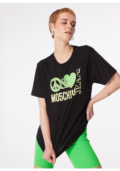 Yuvarlak Yaka Baskılı Siyah Kadın T-Shirt 241K1J0709