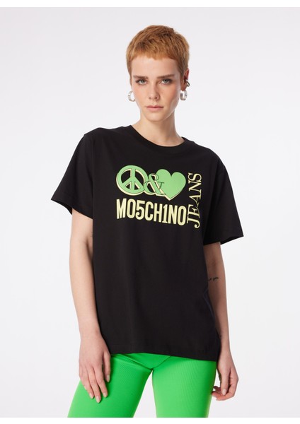 Yuvarlak Yaka Baskılı Siyah Kadın T-Shirt 241K1J0709 modelleri