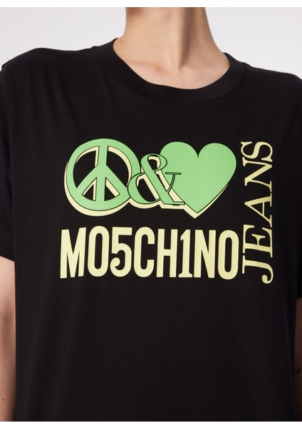 Yuvarlak Yaka Baskılı Siyah Kadın T-Shirt 241K1J0709 fırsatları