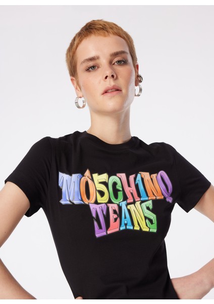 Yuvarlak Yaka Baskılı Siyah Kadın T-Shirt 241K1A0708