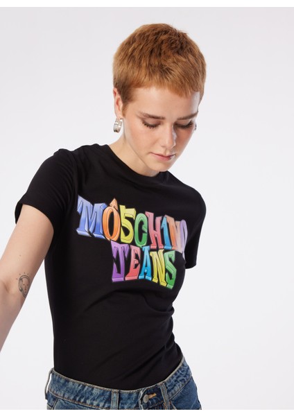 Yuvarlak Yaka Baskılı Siyah Kadın T-Shirt 241K1A0708 fiyatları