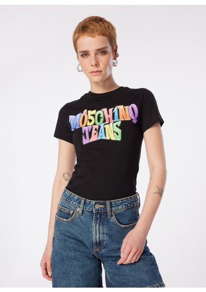 Yuvarlak Yaka Baskılı Siyah Kadın T-Shirt 241K1A0708 fırsatları