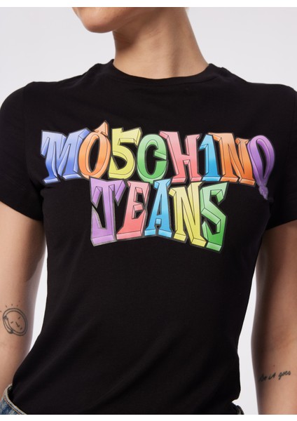 Yuvarlak Yaka Baskılı Siyah Kadın T-Shirt 241K1A0708 indirimleri