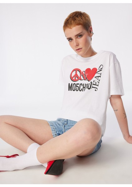 Yuvarlak Yaka Baskılı Beyaz Kadın T-Shirt 241K1J0709