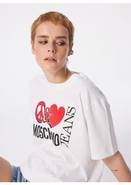 Yuvarlak Yaka Baskılı Beyaz Kadın T-Shirt 241K1J0709 fiyatları