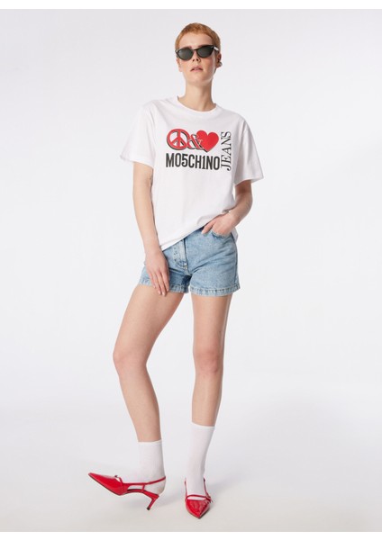 Yuvarlak Yaka Baskılı Beyaz Kadın T-Shirt 241K1J0709 modelleri