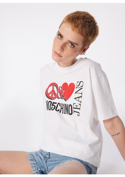 Yuvarlak Yaka Baskılı Beyaz Kadın T-Shirt 241K1J0709 fırsatları