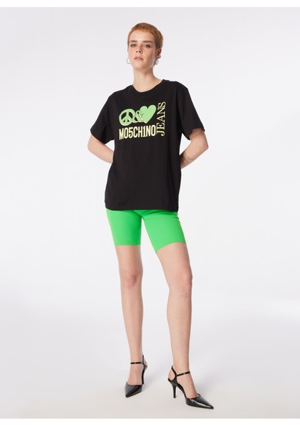 Yuvarlak Yaka Baskılı Siyah Kadın T-Shirt 241K1J0709