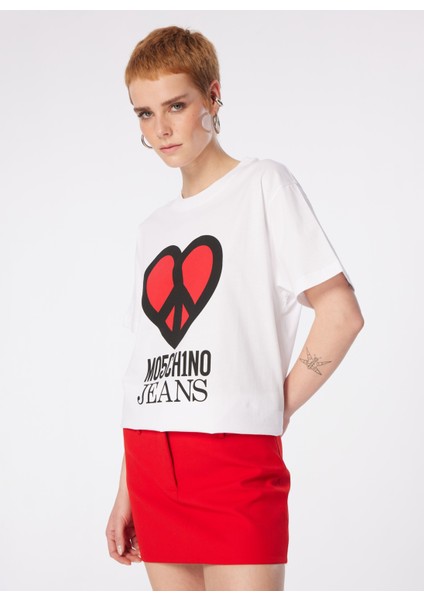 Yuvarlak Yaka Baskılı Beyaz Kadın T-Shirt 241K1J0710
