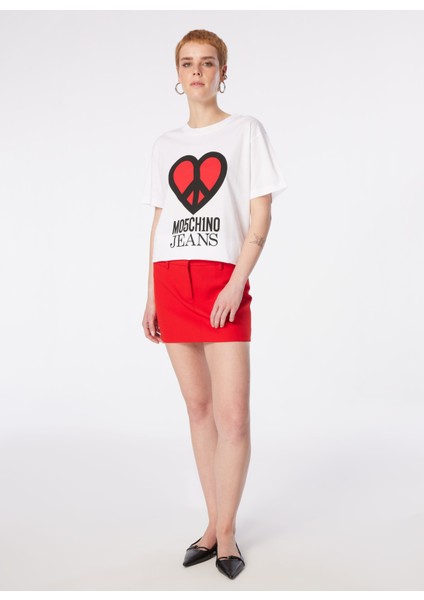 Yuvarlak Yaka Baskılı Beyaz Kadın T-Shirt 241K1J0710