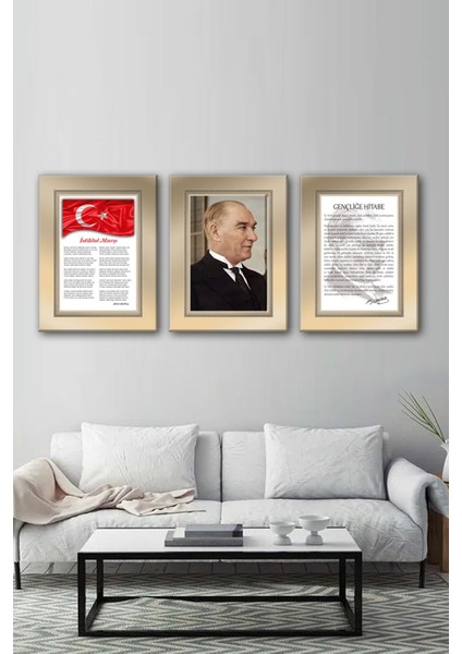 İstiklal Marşı , Atatürk ve Gençliğe Hitabe 3'lü Kanvas Tablo