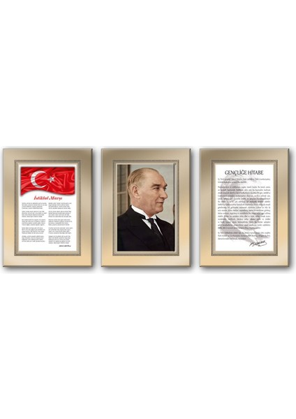 İstiklal Marşı , Atatürk ve Gençliğe Hitabe 3'lü Kanvas Tablo