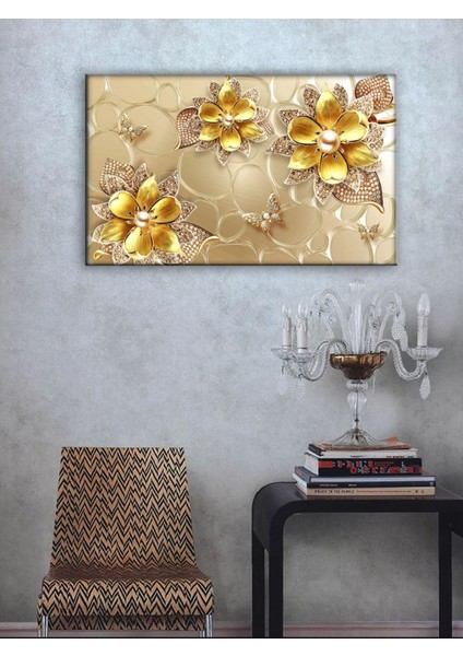 3D Modern Dekoratif Gold Çiçek Misafir Odası Tablosu Kanvas Tablo 50 x 35 cm ( Özel Ölçü Siparişleriniz İçin Mesaj Atınız. )