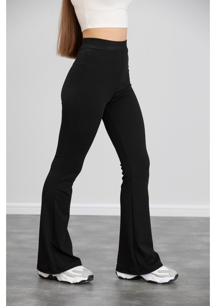 Kadın Siyah Ispanyol Paça Krep Kumaş Yüksek Bel Likralı Toparlayıcı Tayt Pantolon